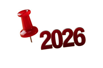 A vibrant red pushpin is placed strategically next to the year 2026, set against a stark white backdrop.