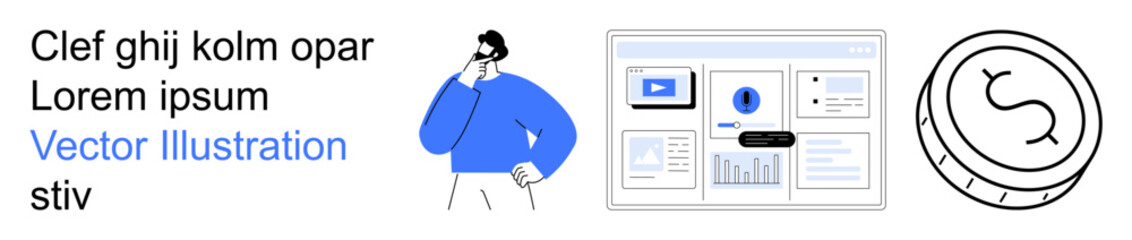 Business planning, financial decision-making, data analysis, digital technology, strategy visualization, economy. A person thinking, a data dashboard and a currency symbol. Business analysis