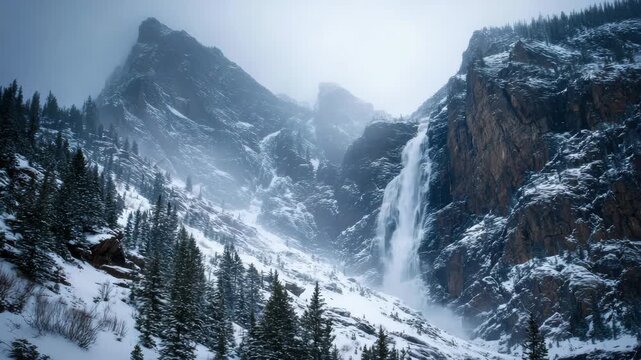 Majestic Waterfall Cascading Through Snow Covered Mountain Pass Under Overcast Sky Evergreen Trees and Snow Patches Creating a Serene Winter Landscape Optimized for Adobe