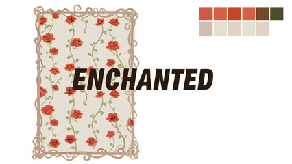Enchanted vintage floral pattern with red roses and swirling vines on a light background framed by decorative scrollwork evoking a magical fairytale aesthetic