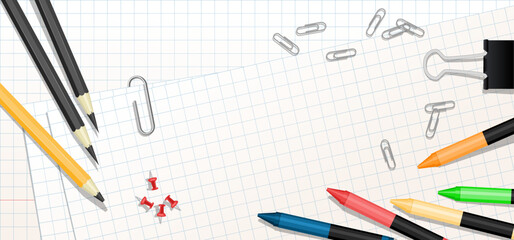 School blank paper sheet background template with school supplies frame. Vector illustration