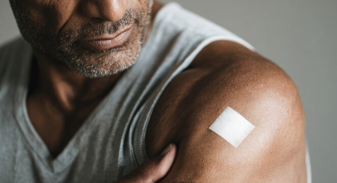 Close-up of a middle-aged man&rsquo;s shoulder with a nicotine patch applied, symbolizing smoking cessation and addiction recovery through nicotine replacement therapy.