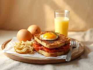 Gourmet Breakfast Plate with Fried Egg, Toasted Bread, and Fresh Orange Juice in Warm Morning Light