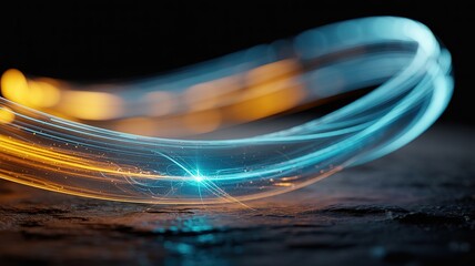 Turquoise and golden light ribbons create a glowing futuristic loop on a dark background