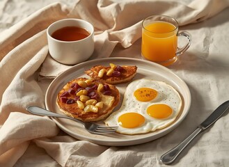 Gourmet Breakfast Plate with Fried Egg, Toasted Bread, and Fresh Orange Juice in Warm Morning Light