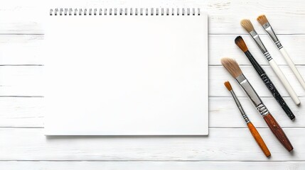 Overhead view of a blank sketchbook with spiral binding and a collection of paintbrushes arranged on a white wooden surface. The composition is clean and minima