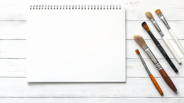 Overhead view of a blank sketchbook with spiral binding and a collection of paintbrushes arranged on a white wooden surface. The composition is clean and minima