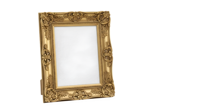 Ornate gold picture frame with intricate details isolated on transparent background