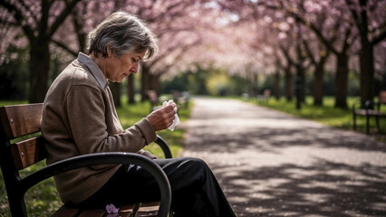 Elderly Woman Creating Handicrafts Surrounded by Cherry Blossom Trees in a Park for Lifestyle Blogs, Crafting Websites, Senior Activity Articles, and Social Media Content