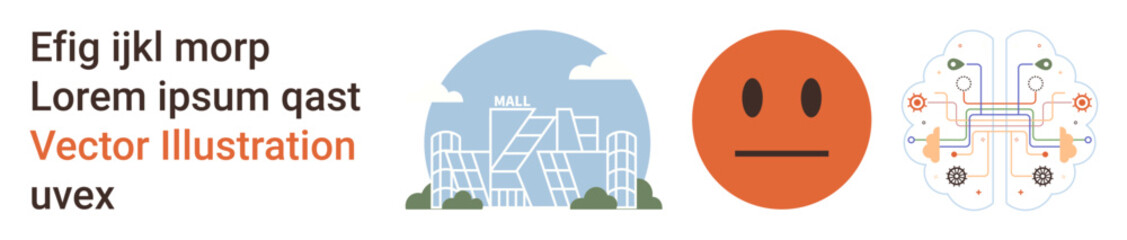 Artificial intelligence, emotion analysis, technology design, smart architecture, education visuals, futurism. ion of a building, neutral emoticon and AI-themed brain pattern. AI and emotion