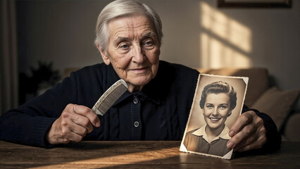 Elderly Woman Holding Vintage Photo and Comb Reflecting on Memories for Family Blogs, Nostalgia Websites, Memory Preservation Articles, and Storytelling Content