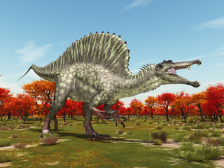 Dinosaurier Spinosaurus in einem pr&auml;historischen Wald