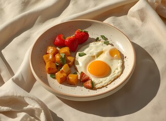 Gourmet Breakfast Plate with Fried Egg, Toasted Bread, and Fresh Orange Juice in Warm Morning Light