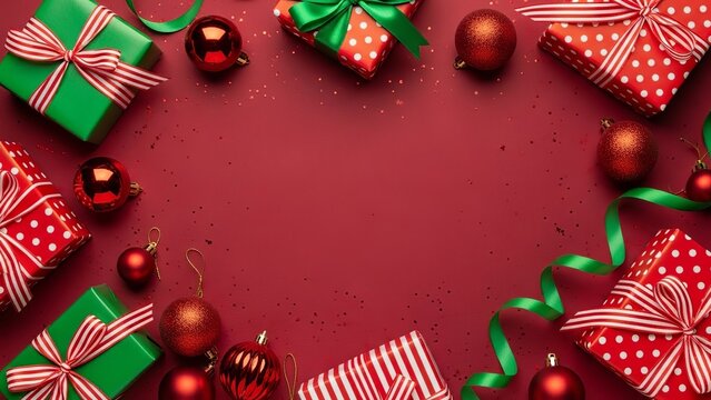 Festive christmas gifts and ornaments arranged on a red surface backdrop silhouette