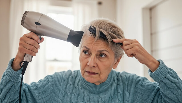 Elderly Woman Styling Hair with Hair Dryer in Cozy Home Setting for Beauty Blogs, Hair Care Websites, Elderly Care Articles, and Lifestyle Content