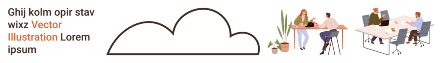 Remote work, teamwork, communication, creative project, modern office, productivity. Cloud shape with text on the left, group discussion and collaboration on the right. Remote work and teamwork