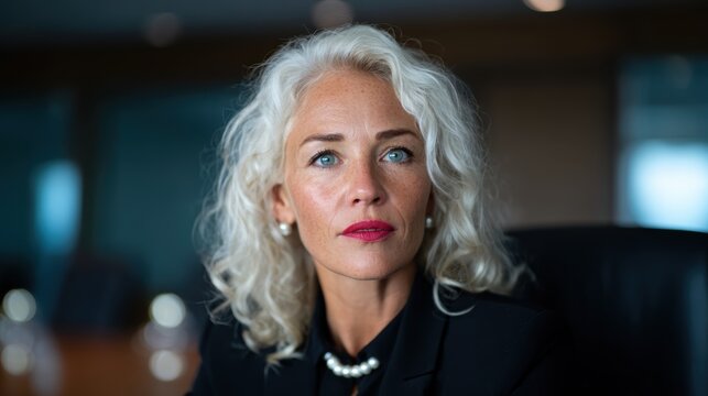 A confident professional woman with curly hair seated in an office, exuding determination, intelligence, and poise, ideal for business and empowerment themes. - Powered by Adobe