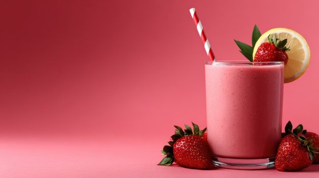 A vibrant glass of strawberry smoothie garnished with a lemon slice, surrounded by fresh strawberries on a pink background, representing health, freshness, and deliciousness in a fun way.