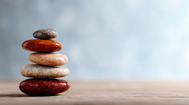 A captivating arrangement of colorful stones stacked harmoniously, symbolizing balance, tranquility, and nature's beauty against a soft blue background.