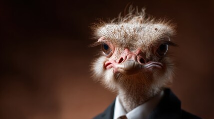A humorous portrayal of an ostrich dressed in a suit, displaying an intriguing blend of elegance and whimsy, capturing attention and evoking smiles with its unique personality.