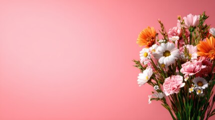 Fototapeta premium This image features a vibrant bouquet of assorted flowers including daisies and carnations, beautifully arranged against a soft pink background, perfect for floral-themed projects.