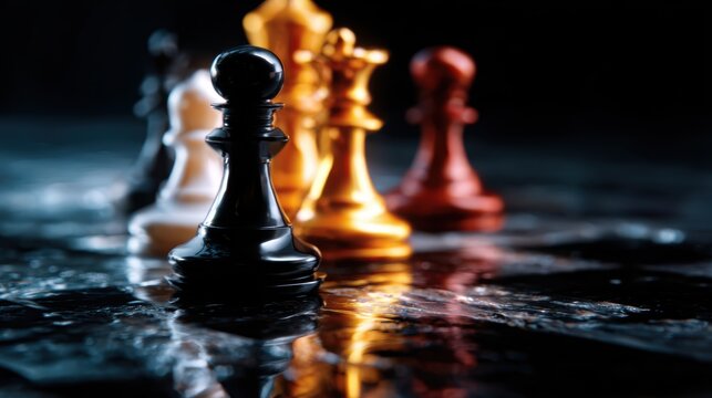 Intriguingly arranged chess pieces stand prominently, capturing attention with their glossy textures and captivating contrasts in a dramatic setting.