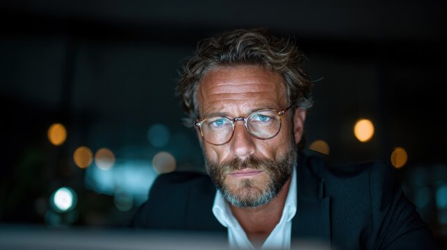 A focused man wearing glasses, illuminated by soft lighting, portraying deep contemplation and intensity in a modern workspace or evening setting.