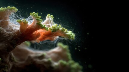 A close-up image of a colorful coral structure illuminated against a dark background, emphasizing its delicate forms, textures, and stunning colors that represent oceanic beauty.
