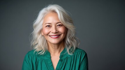 A joyful elderly woman with long silver hair smiles warmly at the camera, radiating grace and a sense of confidence that comes with age and lived experiences.