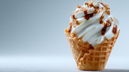 A delicious ice cream cone topped with whipped cream and drizzled with sauce stands against a neutral background, enticing viewers with its sweet allure.