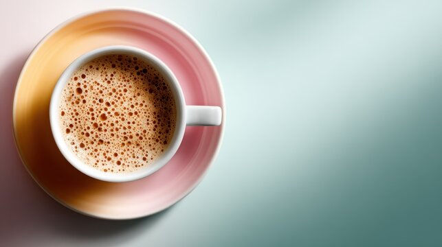 A top-down view of a frothy coffee in a colorful cup on a pastel saucer, showcasing the rich texture and inviting color palette that highlights the beverage's warmth and allure.