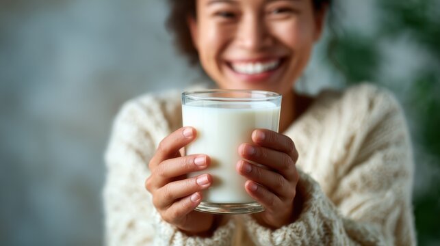A cheerful woman warmly holds a glass of milk, her bright smile radiating happiness and a sense of contentment, perfect for depicting joy in simple pleasures.