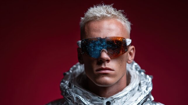 A serious-looking model wearing futuristic sunglasses stands against a striking background, showcasing bold fashion choices and a sense of sci-fi inspiration in modern aesthetics.