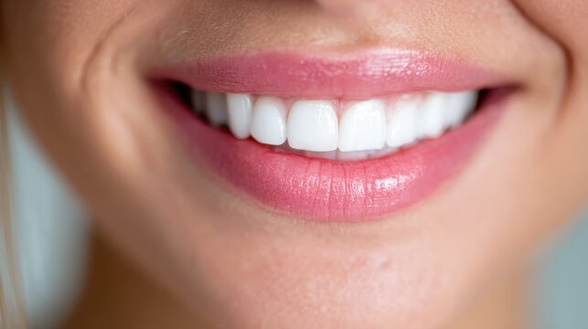 A close-up of a woman's bright smile showcases her perfectly aligned and white teeth, radiating confidence and joy in a fresh and inviting atmosphere.