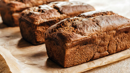 Artisan rye bread loaves freshly baked and cooling on parchment paper for a rustic food concept