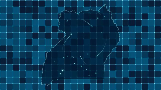 Digital grid map animation of Uganda, Technology, Communication, Transportation