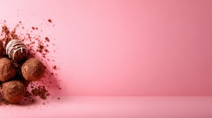 A tempting display of chocolate truffles with a dusting of cocoa crumble against a soft pink background, enticing viewers with their rich appearance and indulgent appeal.