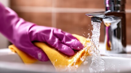 A close-up of a hand wearing a pink glove cleaning a sink with a yellow cloth, showing the importance of cleanliness and hygiene in everyday life.