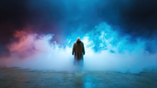 A cloaked figure stands amidst swirling smoke, creating an atmosphere of mystery and intrigue that draws viewers into a world of imagination and speculation. - Powered by Adobe