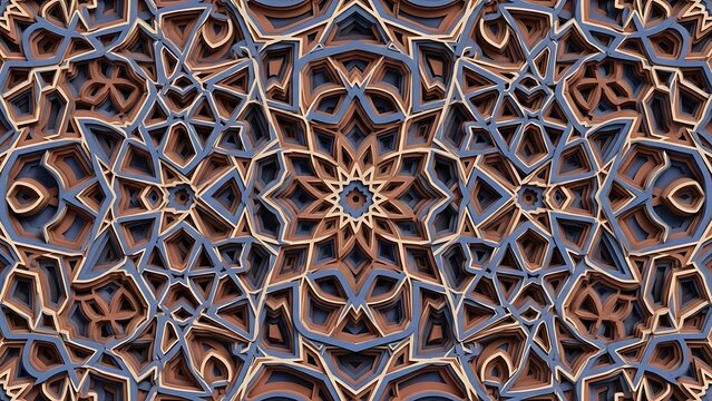 Geometric layered wood pattern with intricate mandala designs