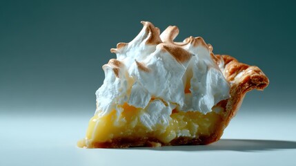 A mouth-watering slice of lemon meringue pie, showcasing the perfect blend of textures with a golden crust, creamy filling, and whipped meringue peaks, ideal for dessert lovers.