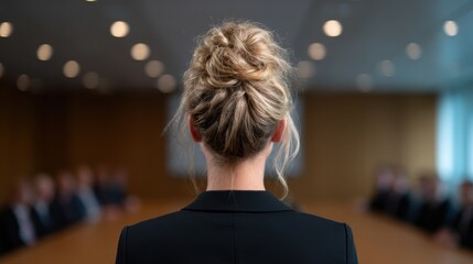 A professional woman stands confidently in front of a table filled with seated colleagues, presenting insights in an elegant conference room, embodying leadership and motivation.