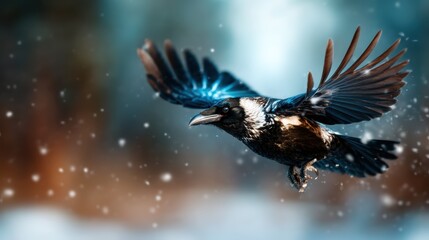Fototapeta premium A striking bird soaring gracefully in a snowy landscape, capturing the beauty of nature and the freedom of flight amidst a serene and magical winter setting.