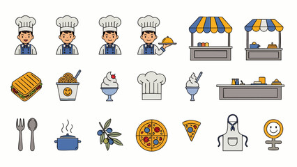 This vector illustration features a variety of food-related icons, including chefs, food stalls, sandwiches, desserts, utensils, and various food items.