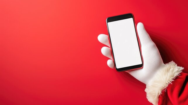 Santa gloved hand holding smartphone against red background - Powered by Adobe