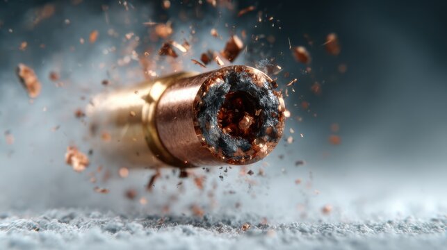 A close-up shot of a bullet erupting with scattered debris, typifying power, force, and the intricate details of material destruction in a dramatic, captivating manner.
