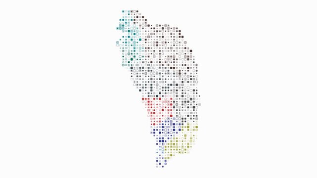 Dominica map animation. Shape of the country with pulsating colored dots. Small size rounded square blocks. Digital style Dominica map on white background. Modern video.