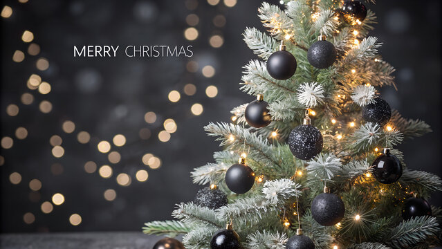 Decorated xmas spruce tree with Christmas black ornaments and lights on black bokeh background. Merry Christmas card. Winter holiday festive theme. Happy New Year.