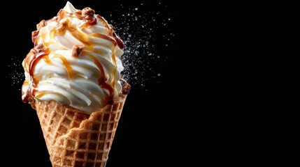 An indulgent close-up of a rich ice cream cone topped with creamy swirls and drizzled caramel, evoking feelings of joy and nostalgia, perfect for dessert lovers and foodies.