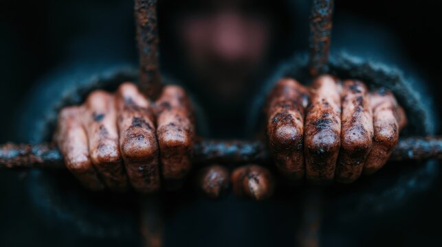 Grimy, worn hands clutch rusty bars tightly, evoking sentiments of confinement, struggle, and the human spirit’s relentless fight against oppression in a stark, gritty setting.
